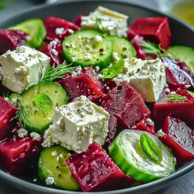 Vibrant beet salad with feta cheese and cucumbers served in a bowl