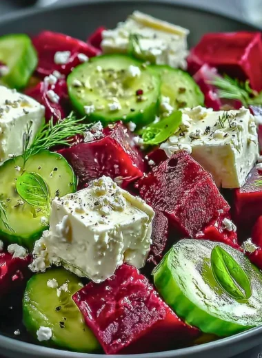 Vibrant beet salad with feta cheese and cucumbers served in a bowl