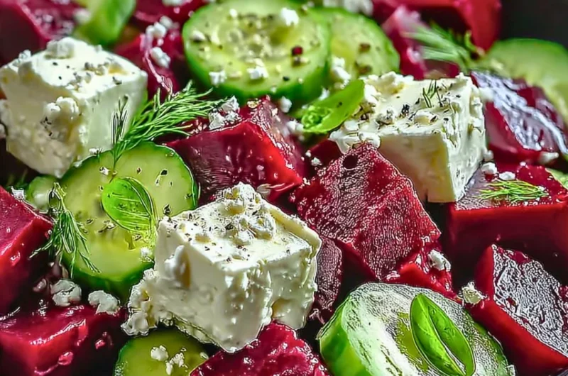 Vibrant beet salad with feta cheese and cucumbers served in a bowl