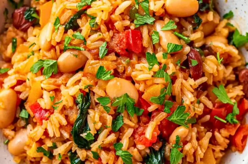 Bowl of wholesome Mediterranean Rice and Beans served with fresh herbs.