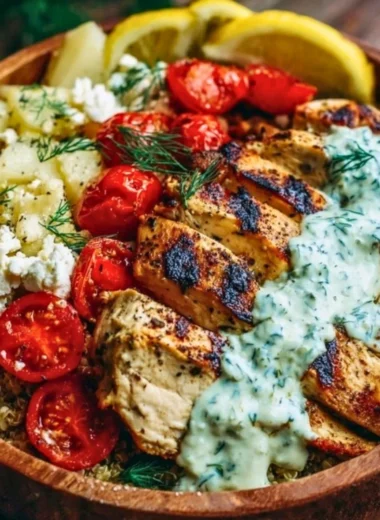 Mediterranean Lemon-Dill Chicken Bowl with fresh vegetables and grains