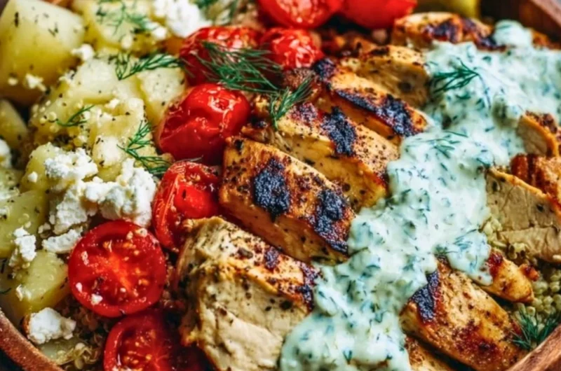 Mediterranean Lemon-Dill Chicken Bowl with fresh vegetables and grains