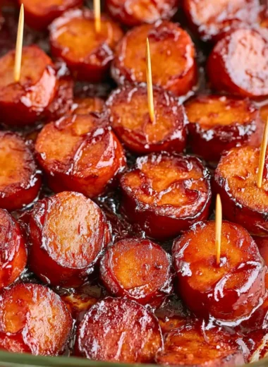 Grilled BBQ sausage on a barbecue grill with smoke and a delicious glaze