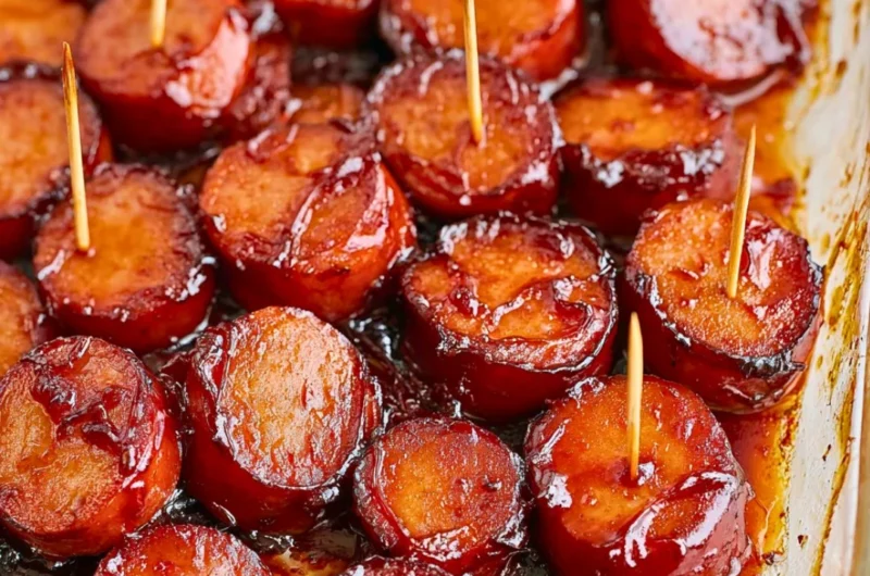 Grilled BBQ sausage on a barbecue grill with smoke and a delicious glaze