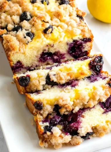 Freshly baked Blueberry Lemon Loaf with blueberries and lemon zest