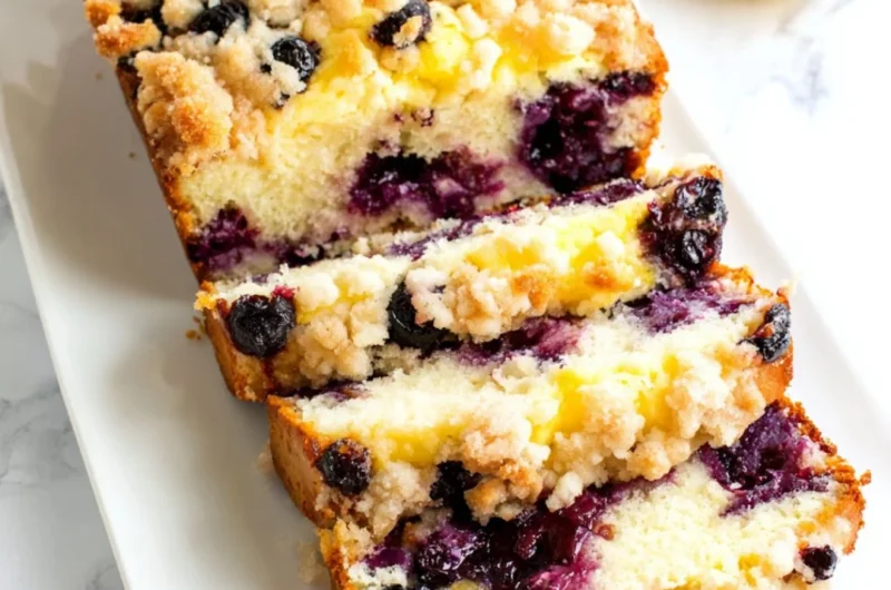 Freshly baked Blueberry Lemon Loaf with blueberries and lemon zest