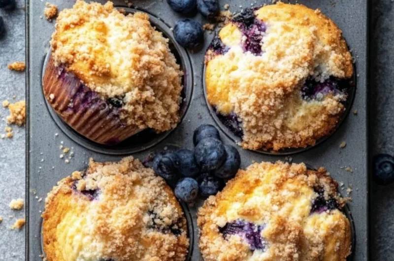 Freshly baked blueberry muffins with a golden crust and juicy blueberries