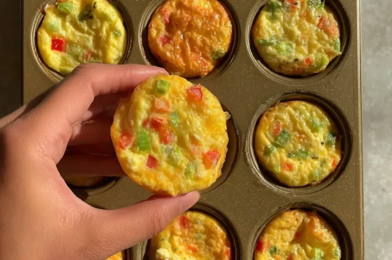 Delicious breakfast egg muffins with vegetables and cheese on a plate.