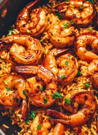 Cajun shrimp and rice skillet dish garnished with fresh herbs.