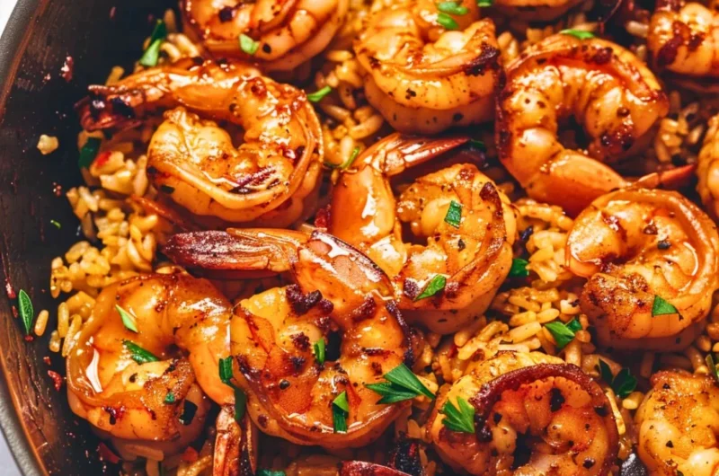 Cajun shrimp and rice skillet dish garnished with fresh herbs.