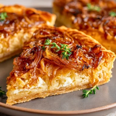 Caramelized onion and goat cheese tarts garnished with herbs.