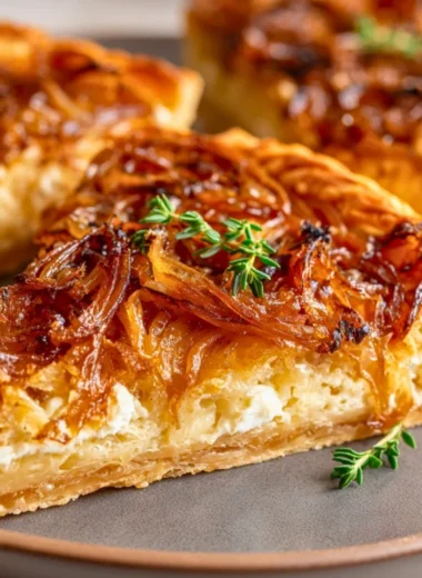 Caramelized onion and goat cheese tarts garnished with herbs.