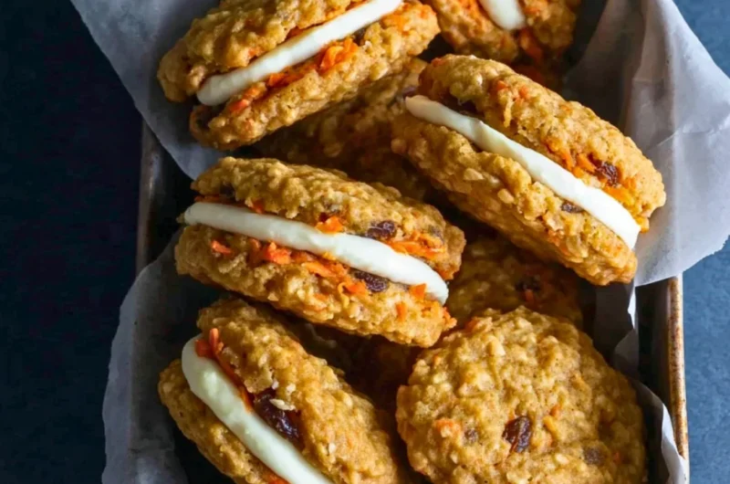 Delicious carrot cake cookies with cream cheese frosting on a plate