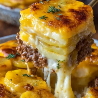 Cheesy hamburger potato casserole baked in a dish, garnished with herbs.