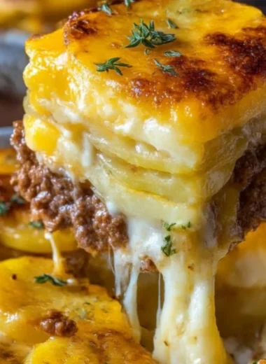 Cheesy hamburger potato casserole baked in a dish, garnished with herbs.