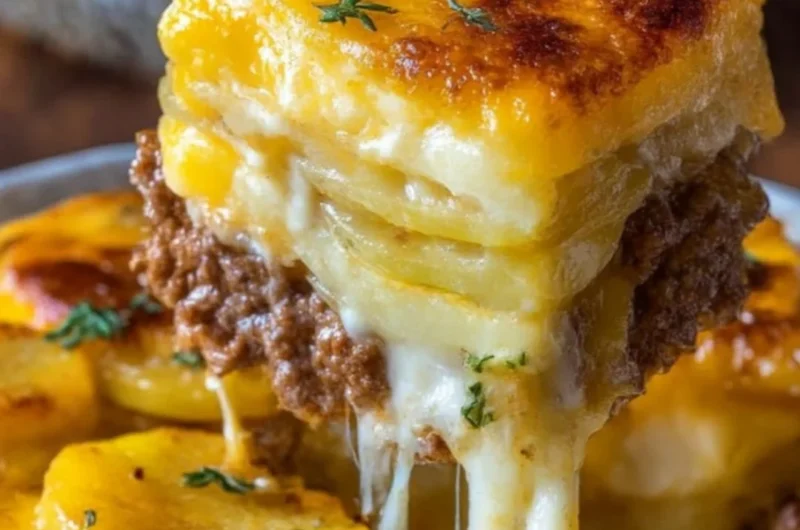 Cheesy hamburger potato casserole baked in a dish, garnished with herbs.