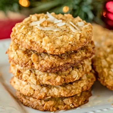 Delicious coconut oatmeal cookies on a rustic wooden table