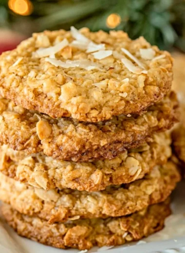 Delicious coconut oatmeal cookies on a rustic wooden table