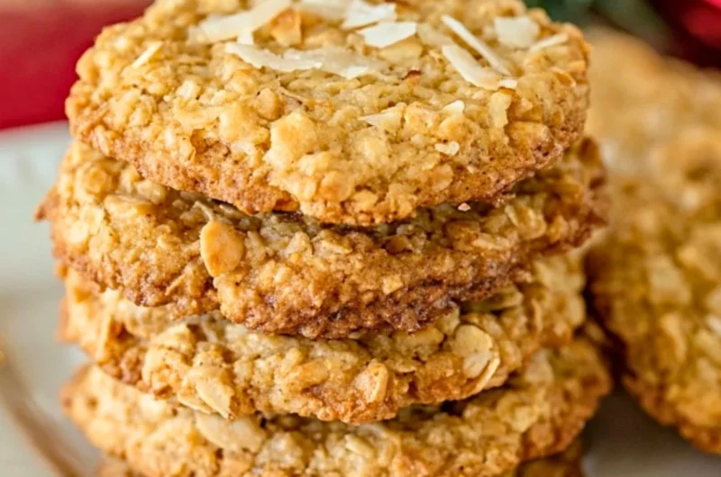 Delicious coconut oatmeal cookies on a rustic wooden table