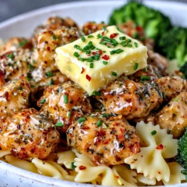 Cowboy Butter Lemon Bowtie Chicken served with broccoli on a plate.
