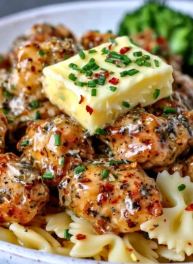 Cowboy Butter Lemon Bowtie Chicken served with broccoli on a plate.