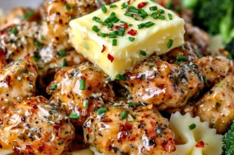 Cowboy Butter Lemon Bowtie Chicken served with broccoli on a plate.