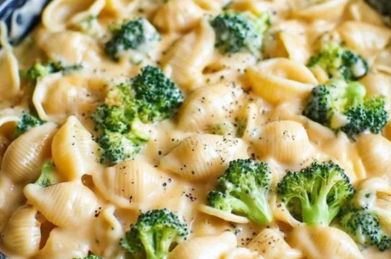 Creamy broccoli mac and cheese dish, featuring cheese and fresh broccoli