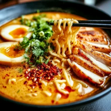 Delicious creamy garlic chicken ramen served in a bowl with fresh herbs and toppings.