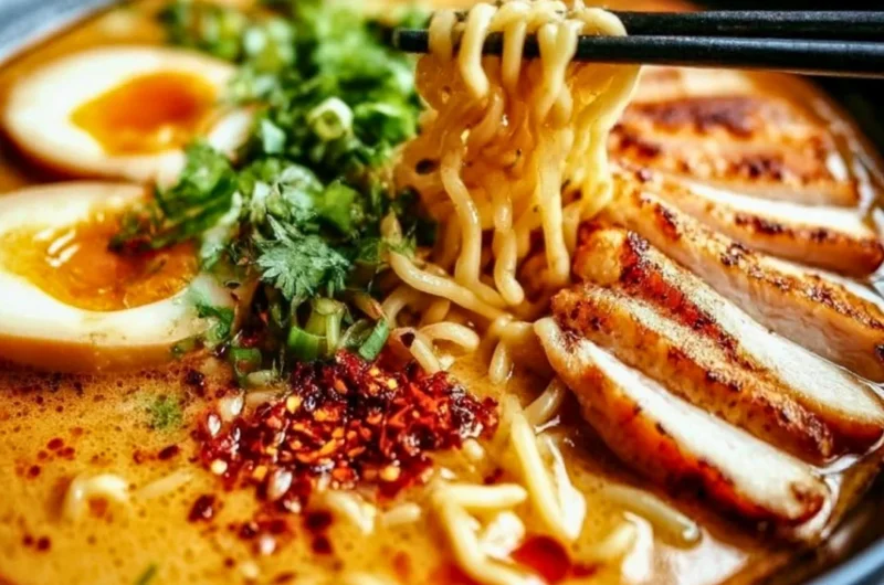 Delicious creamy garlic chicken ramen served in a bowl with fresh herbs and toppings.