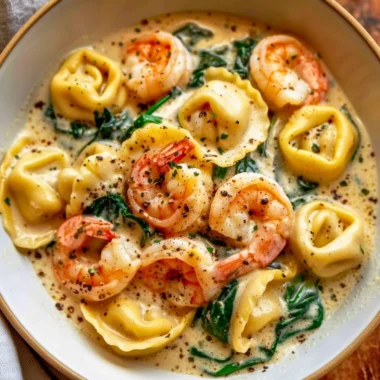 Creamy shrimp and spinach tortellini dish served in a bowl
