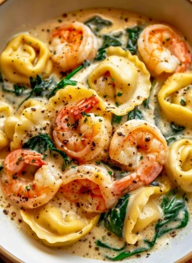 Creamy shrimp and spinach tortellini dish served in a bowl