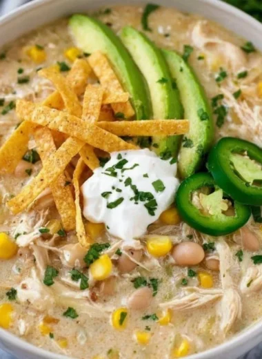Bowl of creamy white chicken chili garnished with cilantro and lime.