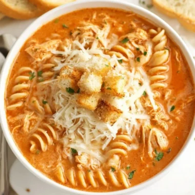Crock Pot Creamy Chicken Parmesan Soup in a bowl with garnishes