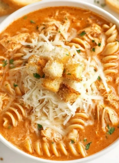 Crock Pot Creamy Chicken Parmesan Soup in a bowl with garnishes