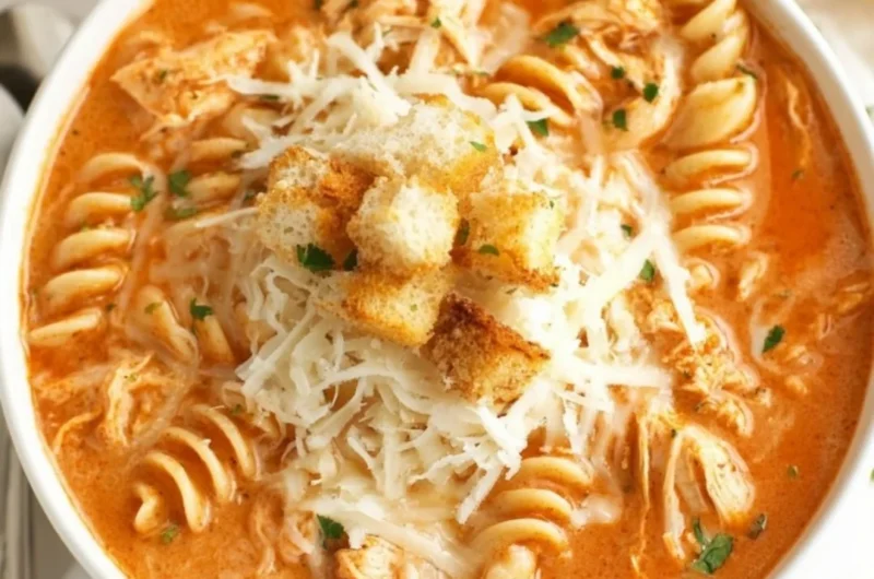 Crock Pot Creamy Chicken Parmesan Soup in a bowl with garnishes
