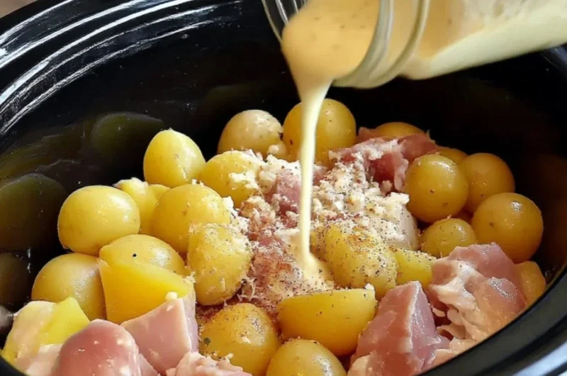 Crock Pot Parmesan Garlic Chicken with potatoes ready to serve.