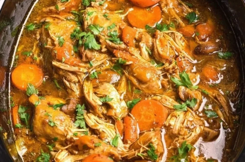 Crockpot chicken thigh pot roast with vegetables in a rustic dish