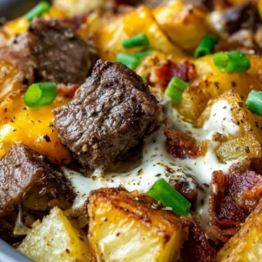 Crockpot Loaded Steak and Potato Bake with melted cheese and herbs