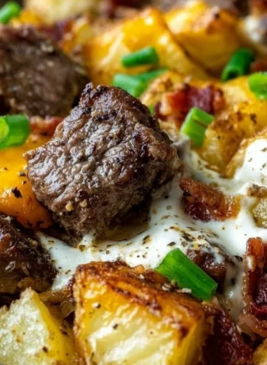 Crockpot Loaded Steak and Potato Bake with melted cheese and herbs