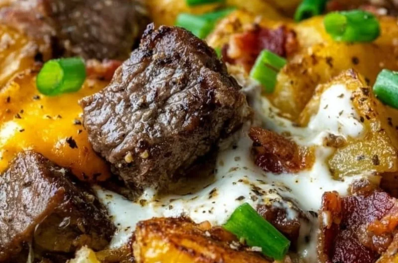 Crockpot Loaded Steak and Potato Bake with melted cheese and herbs