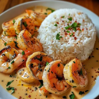 Delicious easy creamy garlic shrimp served on a plate with herbs.
