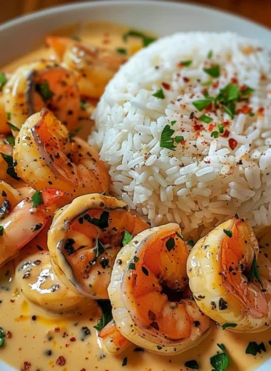 Delicious easy creamy garlic shrimp served on a plate with herbs.