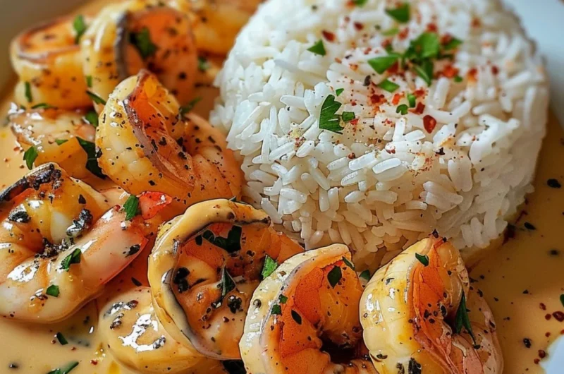 Delicious easy creamy garlic shrimp served on a plate with herbs.