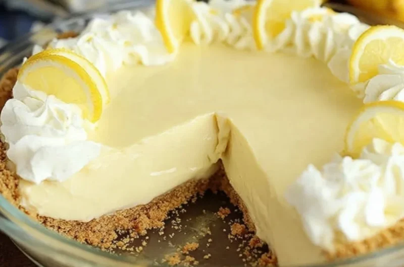 Slice of easy lemon cream pie topped with whipped cream and lemon zest