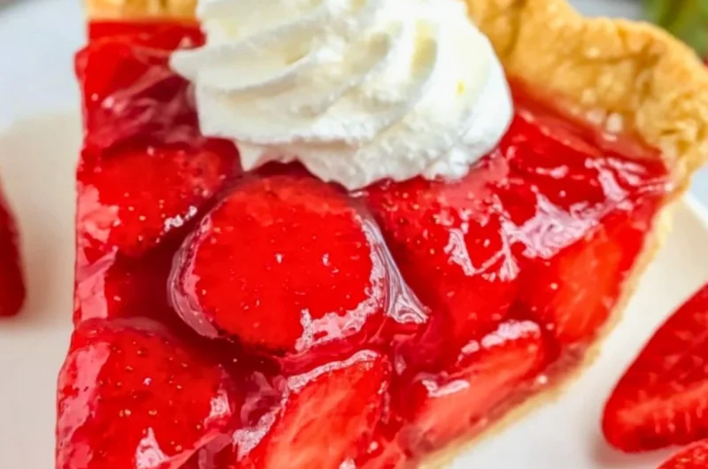 Easy Shoney’s strawberry pie served with fresh strawberries and whipped cream.