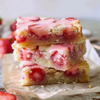 Easy strawberry lemon blondies on a plate with fresh strawberries and lemon slices