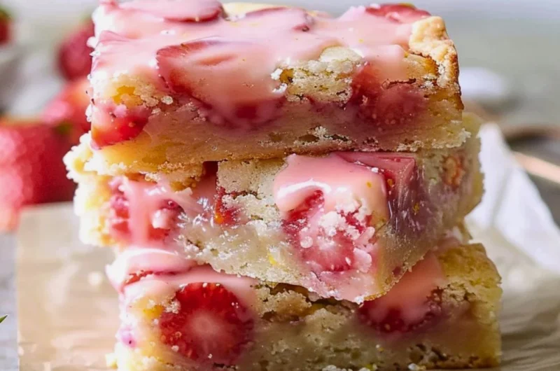 Easy strawberry lemon blondies on a plate with fresh strawberries and lemon slices