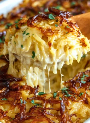 French Onion Chicken Orzo Casserole dish, garnished with cheese and herbs.