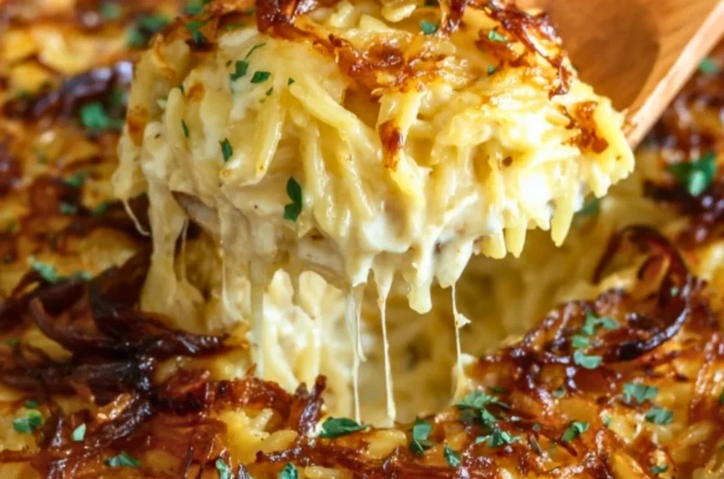 French Onion Chicken Orzo Casserole dish, garnished with cheese and herbs.
