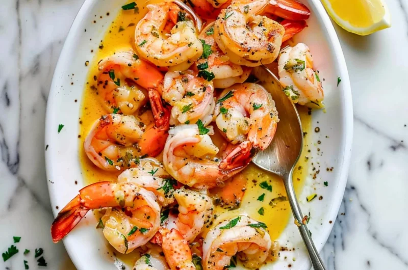 Delicious garlic butter shrimp scampi served with pasta and herbs